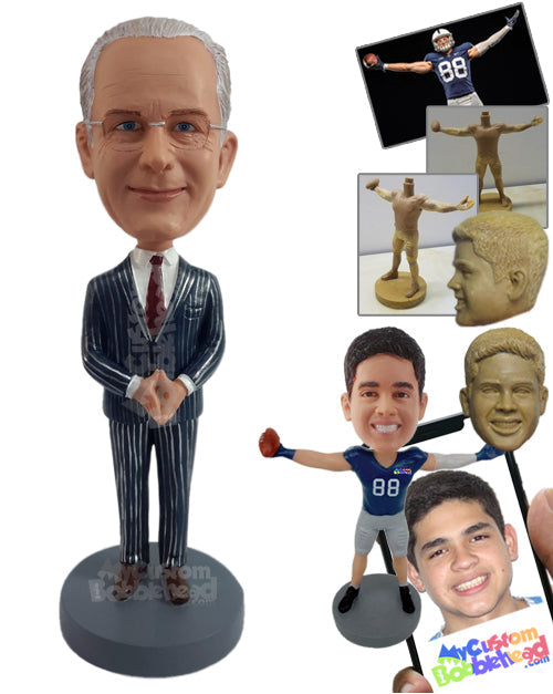 Elegant Businessman Wearing a Fine Suit with Both Hands Together Personalized Bobblehead