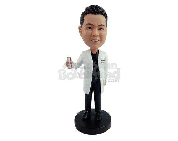 Custom Bobblehead Relaxed doctor holding a soda can wearing scrubs and a lab coat - Careers & Professionals Medical Doctors Personalized Bobblehead & Action Figure