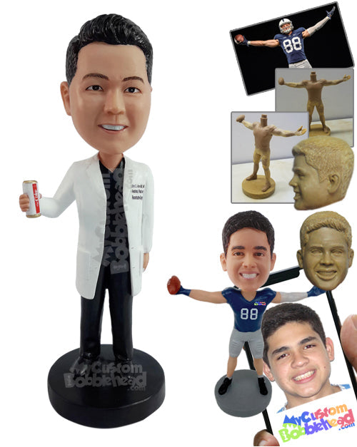 Relaxed doctor holding a soda can, wearing scrubs and a lab coat Personalized Bobblehead