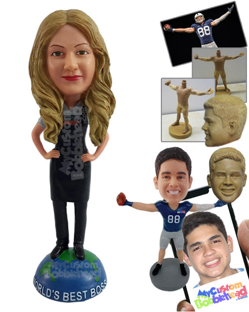 Confident Hardworking Girl Wearing an Apron with Both Hands on Hips, Standing on a World Globe Base Personalized Bobblehead