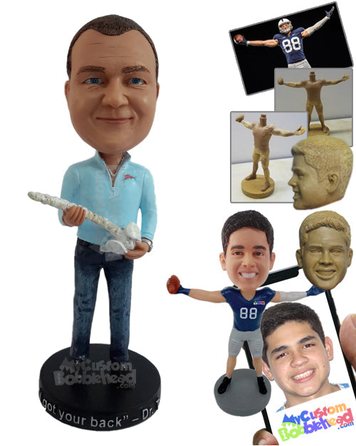 Relaxed chiropractor holding a spinal bone, wearing a 3/4 zip-up jacket, jeans, and nice shoes Personalized Bobblehead