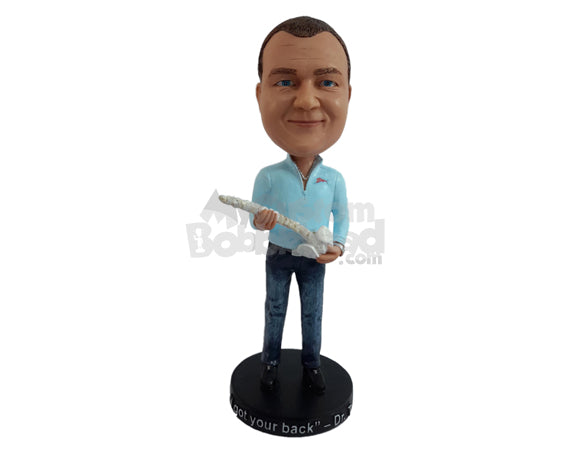 Custom Bobblehead Relaxed chiropractor holding a spinal bone and wearing a 3/4 zip up jacket, jeans ans nice shoes - Careers & Professionals Chiropractors Personalized Bobblehead & Action Figure