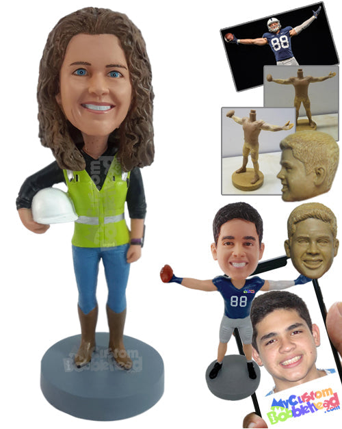 Construction Worker Girl, Engineer with Her Hard Hat Under the Arm Personalized Bobblehead