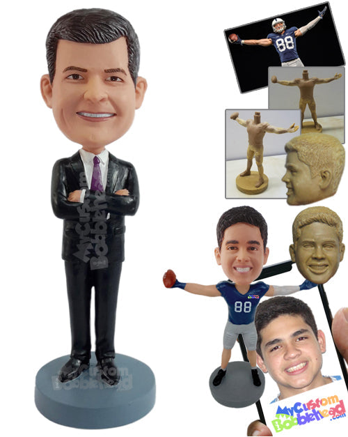 Important businessman wearing a nice suit with arms folded Personalized Bobblehead