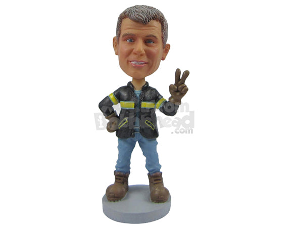 Custom Bobblehead Cool Pal Ready To Have A Go Wearing Jacket, Jeans And Heavy Boots - Careers & Professionals Athletes Personalized Bobblehead & Cake Topper