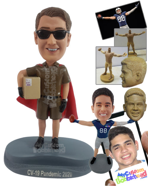 Super Cool package carrier holdinf a package box and wearing a cape with a phone holder base Personalized Bobblehead