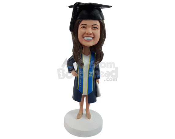 Custom Bobblehead Happy and excited freshly graduated girl with a nice graduation outfit - Careers & Professionals Graduates Personalized Bobblehead & Action Figure