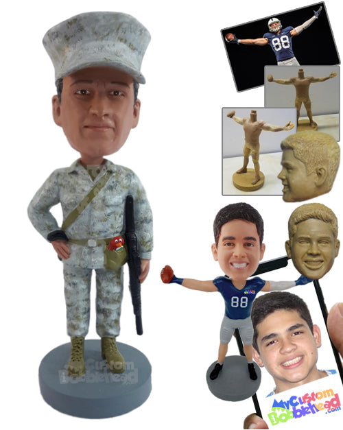 Fierce-looking Soldier with His Machine Gun and a Toy on the Waist, Ready to Fight for His Family and Country Personalized Bobblehead