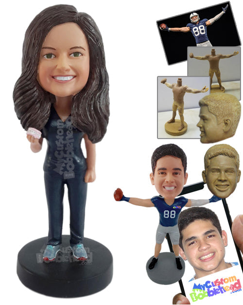 Nice looking dentist holding a denture prop with training shoes Personalized Bobblehead