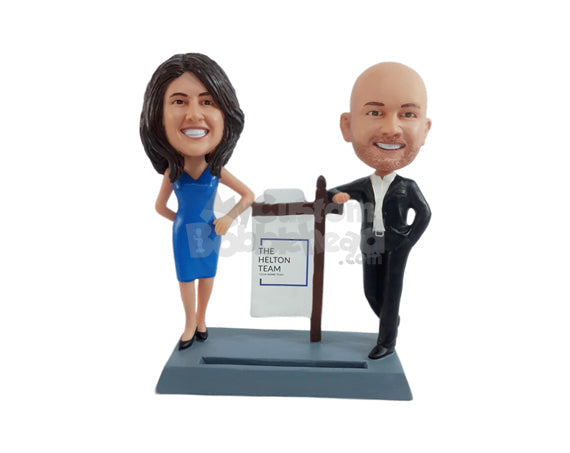 Custom Bobblehead Couple Real Estate Agents with Sign and a Business Card Holder Base - Careers & Professionals Real Estate Agents Personalized Bobblehead & Action Figure