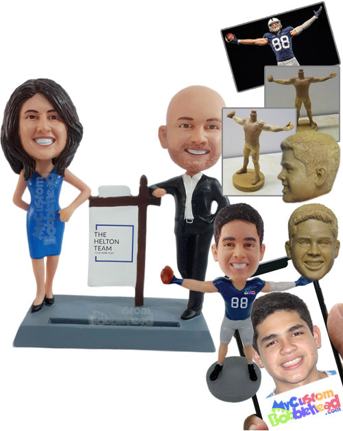 Couple Real Estate Agents with Sign and a Business Card Holder Base Personalized Bobblehead