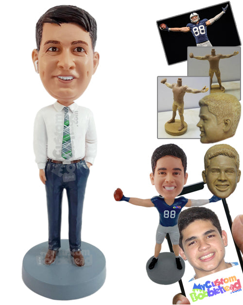 Happy-looking Businessman Wearing a Dope Tie with One Hand Inside Pocket Personalized Bobblehead