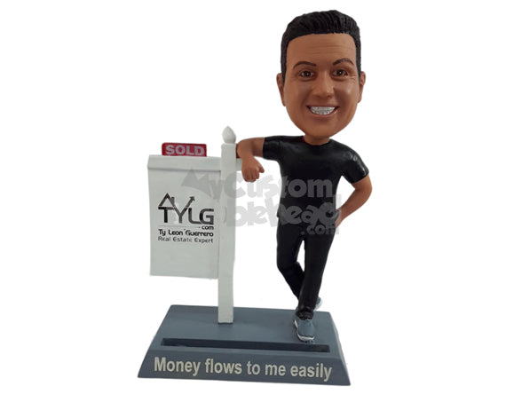 Custom Bobblehead Casual young guy real state agent wearing a round neck t-shirt and nice running shoes with a businss card holder on the bas - Careers & Professionals Real Estate Agents Personalized Bobblehead & Action Figure