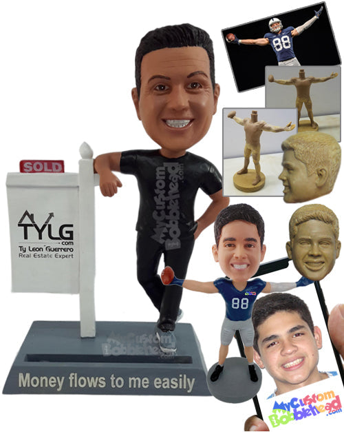 Casual Young Guy Real Estate Agent Wearing a Round Neck T-Shirt and Nice Running Shoes with a Business Card Holder on the Base Personalized Bobblehead