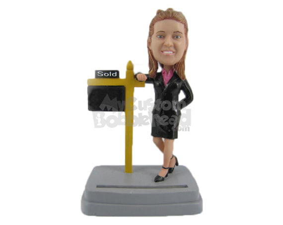 Gorgeous Girl Wearing a Trendy Suit Selling Some Property Personalized Bobblehead