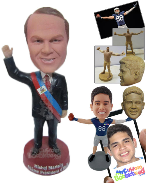 President Waving Hello with His Hands in the Air Wearing Classy Suit Personalized Bobblehead