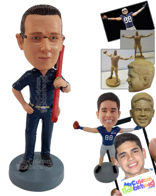 Super strong worker holding a huge adjustable wrench Personalized Bobblehead