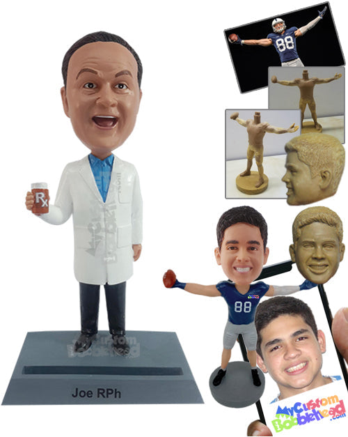 Professional male pharmacist recommending the best medicine, with a business card holder at the base Personalized Bobblehead