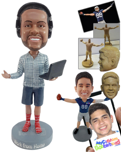 Home working dude wearing a nice shirt, shorts, and socks with a computer at hand Personalized Bobblehead