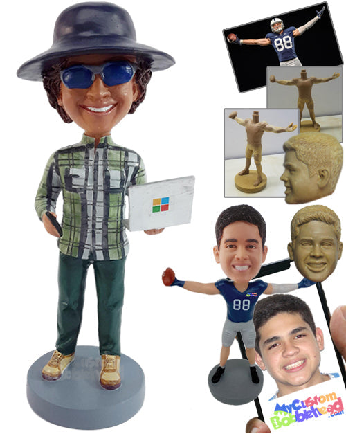 Crazy Dude Wearing Nice Shirt with a Laptop on One Hand and a Cellphone on the Other Hand Personalized Bobblehead