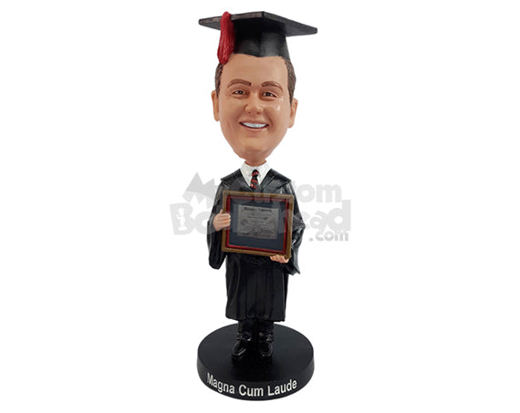 Custom Bobblehead Happy graduate holding his framed diploma  - Careers & Professionals Graduates Personalized Bobblehead & Action Figure