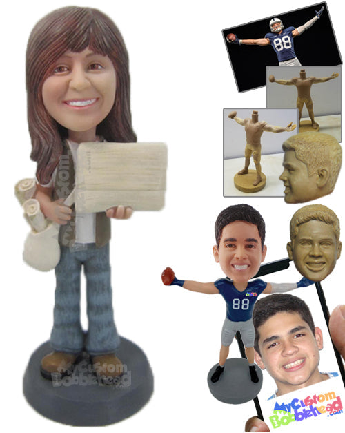 Gorgeous Female Reporter Wearing Jeans and Heavy Boots Personalized Bobblehead