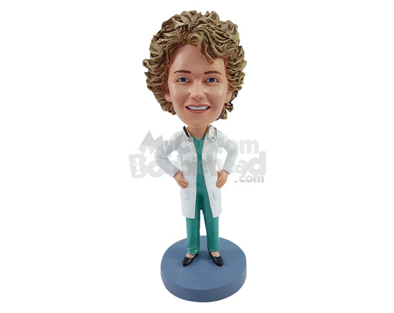 Custom Bobblehead Cool doctor with both hands on hips wearng scrubs and a lab coat with a stethoscope - Careers & Professionals Medical Doctors Personalized Bobblehead & Action Figure