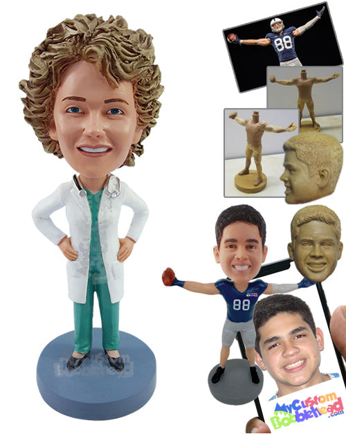 Cool Doctor with Both Hands on Hips Wearing Scrubs and a Lab Coat with a Stethoscope Personalized Bobblehead