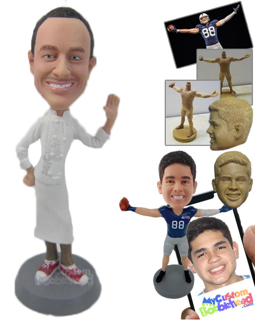 Cool Tall Chef Waving Hello with Apron and Sneakers On Personalized Bobblehead