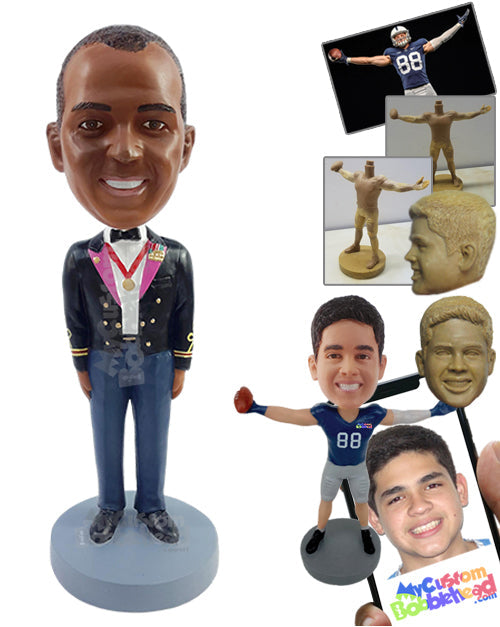 Band Player Posing with a Nice Jacket Suit with a Medal and a Bow Tie Personalized Bobblehead