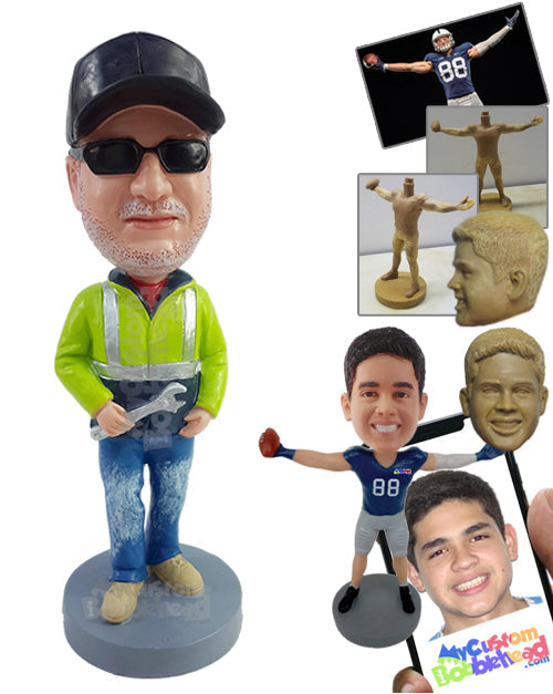 Construction Worker Wearing a Safe Jacket Holding a Wrench Personalized Bobblehead