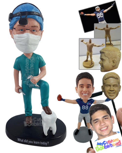 Cool Dentist Stepping on a Big Dental Mold Wearing Scrubs with Dental Tools Personalized Bobblehead