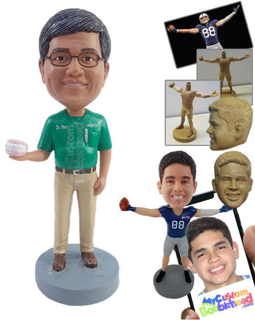 Dentist Holding a Teeth Mold Wearing Scrub Top and Nice Pants Personalized Bobblehead