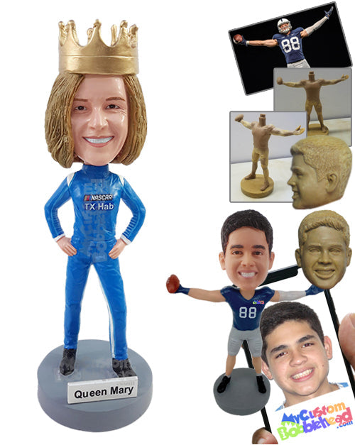 Racer wearing a racing suit, ready to win Personalized Bobblehead