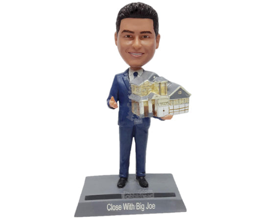 Real estate salesman showing a home model prop Personalized Bobblehead