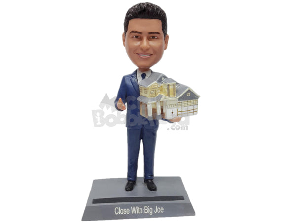 Real estate salesman showing a home model prop Personalized Bobblehead