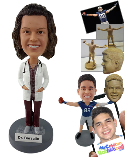 Female Doctor Wearing Scrubs and a Lab Coat with a Stethoscope Around the Neck and Hands in Pockets Personalized Bobblehead