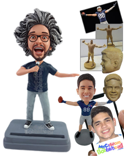 Crazy Comedian on a Funny Stand-Up Show Wearing a V-Neck T-Shirt and Classical Shoes with Business Card Holder Personalized Bobblehead