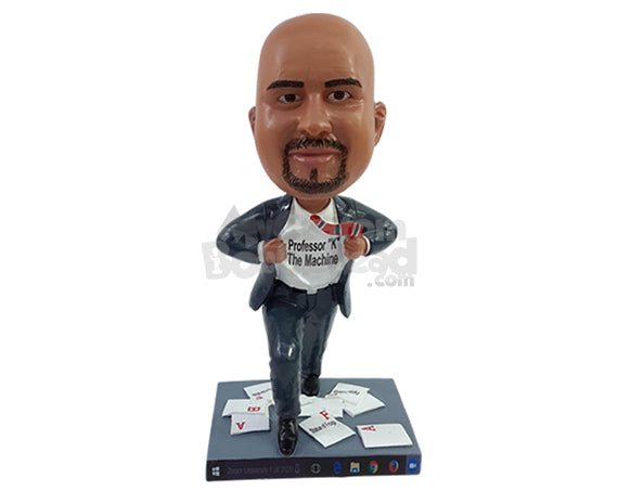 Custom Bobblehead Super professor putting grades all over and ripping open his suit - Careers & Professionals Teachers Personalized Bobblehead & Action Figure