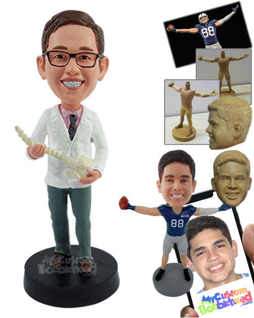 Chiropractor Graduate Displaying Model Spine in Short Lab Coat and Tie Personalized Bobblehead