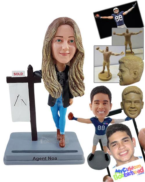 Stylish Realtor female agent wearing nice clothe with businesscard holder on the base Personalized Bobblehead