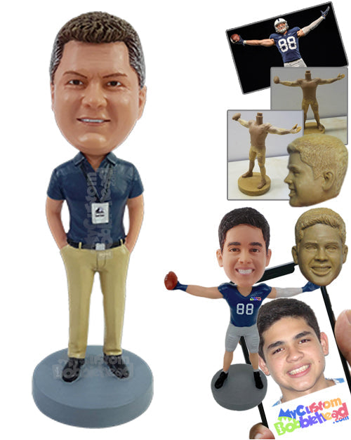 Elegant Corporate Businessman with Hands in Pockets Wearing a Nice Polo Shirt and Shoes Personalized Bobblehead