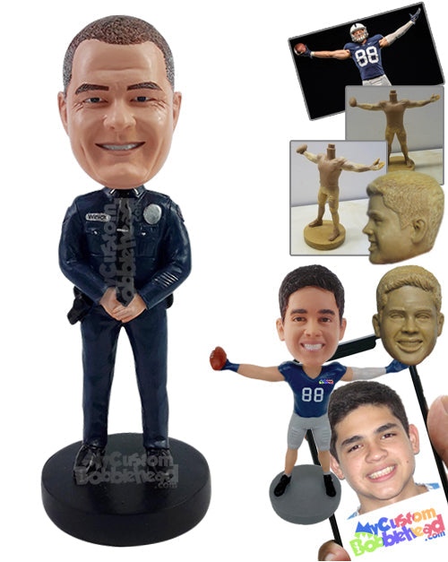 Officer on duty wearing a badge, with both hands inside pockets Personalized Bobblehead