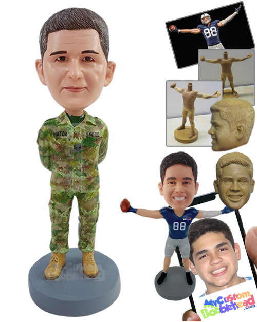 Army Officer Wearing Uniform with Combat Boots, Hands in the Back Personalized Bobblehead