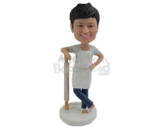 Custom Bobblehead Woman Ready To Cook With Her Apron On Gives A Pose With Her Leg Crossed - Careers & Professionals Chefs Personalized Bobblehead & Cake Topper