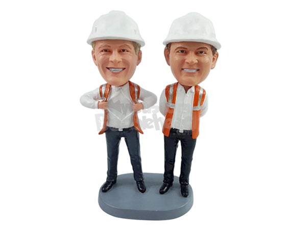 Fantastic Construction Duo Wearing Safety Instruments, Ripping Shirt Open Personalized Bobblehead