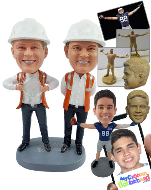 Fantastic Construction Duo Wearing Safety Instruments, Ripping Shirt Open Personalized Bobblehead