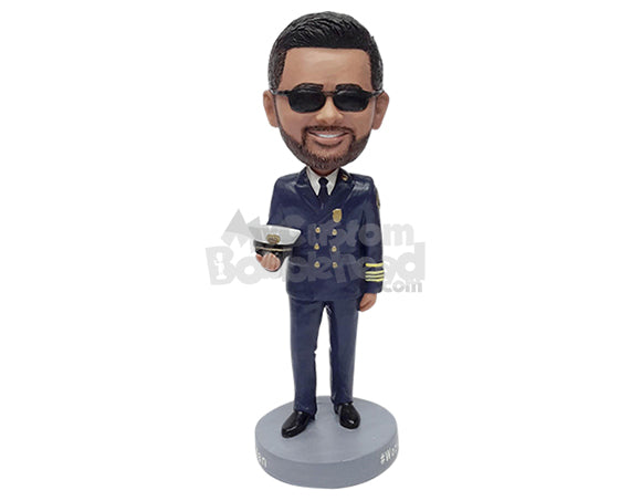 Custom Bobblehead Flight Captain holding his hat in one hand wearing a nice pilot's suit - Careers & Professionals Arms Forces Personalized Bobblehead & Action Figure