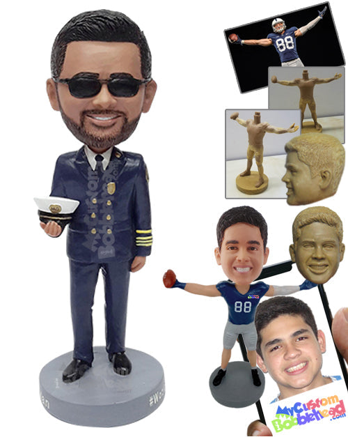 Flight Captain Holding His Hat in One Hand, Wearing a Nice Pilot's Suit Personalized Bobblehead