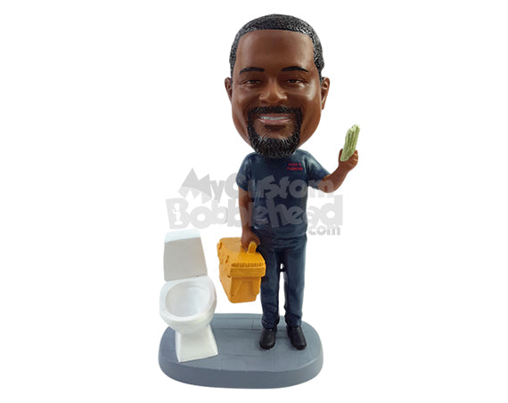 Custom Bobblehead Plumber guy finishing fixing a toilet issue holding a tool's box - Careers & Professionals Corporate & Executives Personalized Bobblehead & Action Figure